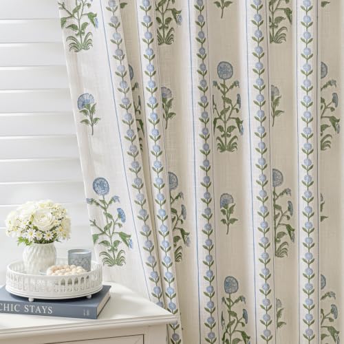 Slozzi Blue & Beige White Floral Linen Pleated Curtains - Pack of 2, 40" W x 96" L