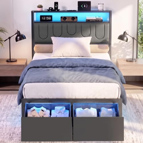 Twin Bed Frame with Drawers & LED Lights - Upholstered Headboard, Charging Station, Easy Assembly (Fashion Variation)