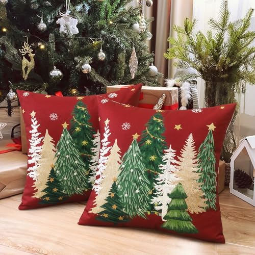 Artscope Christmas Tree Throw Pillow Covers 18x18 Inch Set of 2, Winter Hoilday Christmas Decoration Pillow Cases for Home Decor-Red
