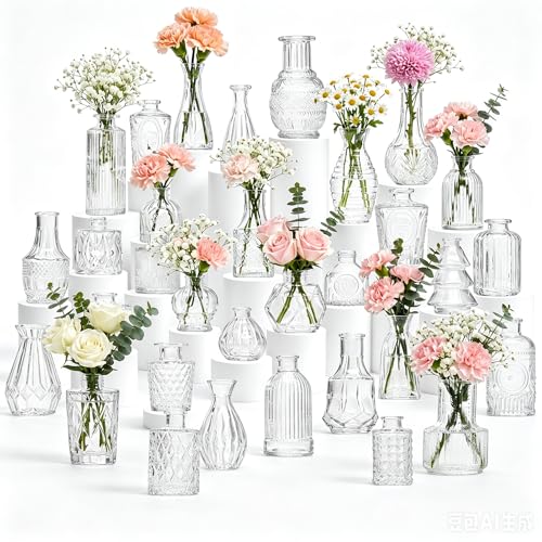 32 Pcs Clear Glass Bud Vases Set - Vintage Mini Flower Vases for Weddings & Events - Variation 32