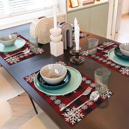 DAFENA Red Black Buffalo Plaid Snowflake Christmas Placemats Set of 4 12x18 Inches
