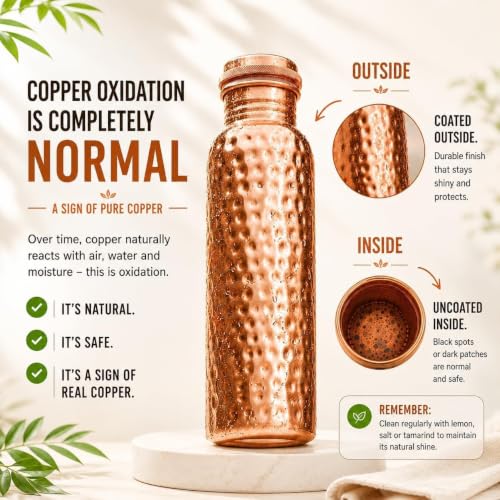 Copper Water Bottle - 32oz Handcrafted Pure Copper Drinking Vessel with Leak-Proof Cap & Bonus Canvas Bag