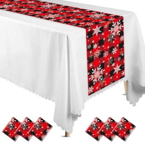 6 Pcs Christmas Winter Snowflake Table Runners, Buffalo Plaid