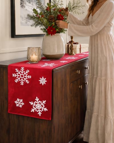 MuseHaus Winter Crimson 13x72 Velvet Embroidered Table Runner