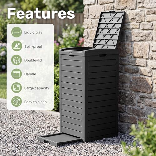 WTFGO Black 31 Gallon Outdoor Waterproof Trash Can with Lid & Drip Tray