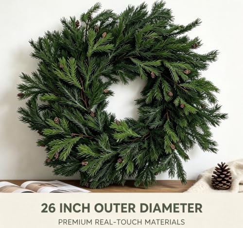 26" Lifelike Touch Artificial Christmas Cedar Wreath for Front Door Decor - Cllenarun