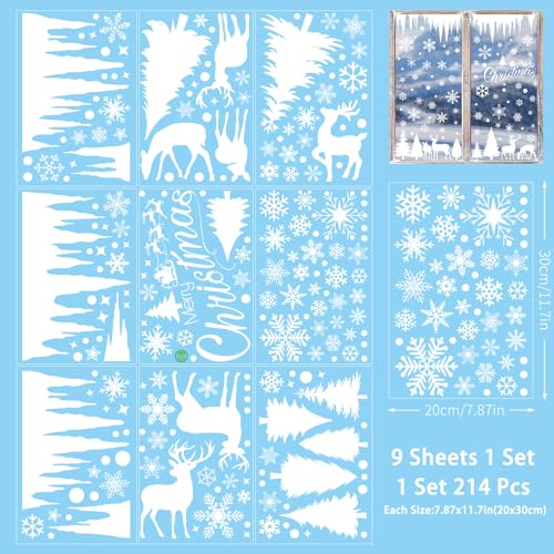 9 Sheet Christmas Window Clings, Xmas Double-Sided Snowy Winter Window Stickers, Holiday Snowflake Forest Decals for Party Home Window Decorations