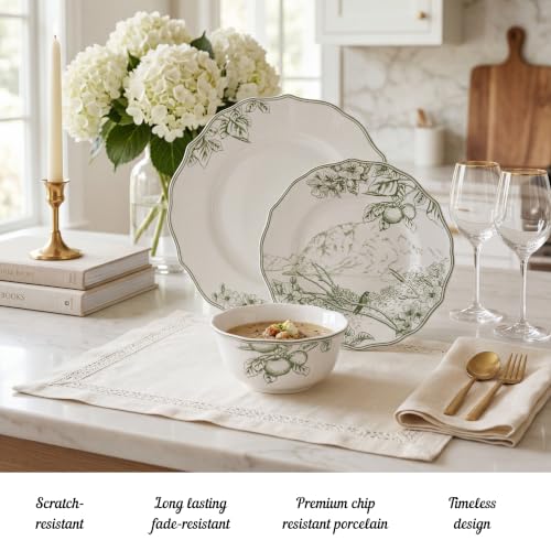 12-Piece Porcelain Dinnerware Set for 4 with Floral Design - White & Green, Chip-Resistant, Microwave & Dishwasher Safe