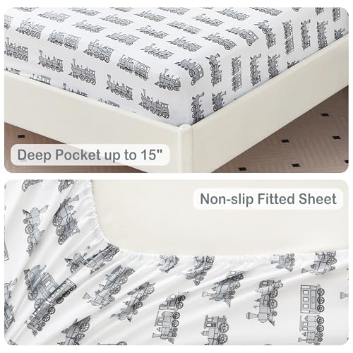 Viviland Kids Twin Bedding Sets with Light Grey Train Pattern, 5 Pieces - Comforter, Sheets & Pillowcase, Twin Size