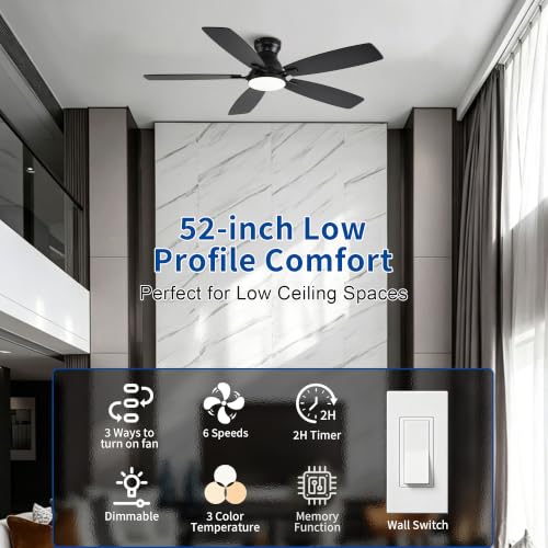 NKPU 52 Inch Black Ceiling Fan with Lights, Remote & APP Control, Low Profile Flush Mount DC Motor, Indoor/Outdoor