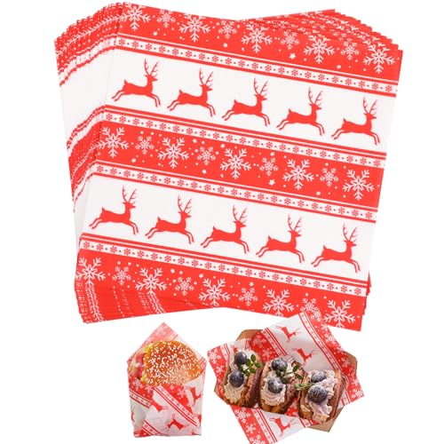 KIKISML 100 Pcs Christmas Reindeer Deli Paper Sheets 7x7 Inch Food-Grade Greaseproof Wrapping Paper