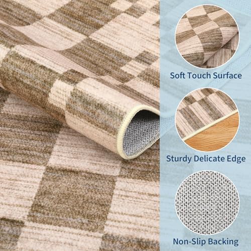 GarveeHome Brown Checkered 5x7 Area Rug - Machine Washable Non-Slip Living Room Carpet