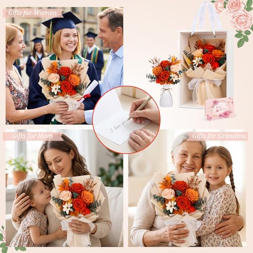 Preserved Orange Roses Bouquet - Long-Lasting Real Flower Arrangement with Vase