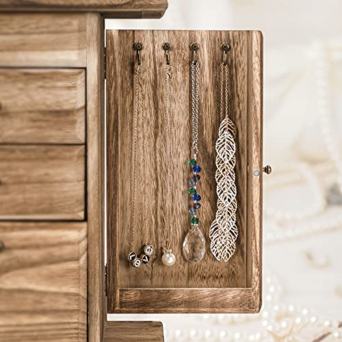 Rustic Brown Jewelry Box for Women, 4-Layer Wooden Organizer with Mirror