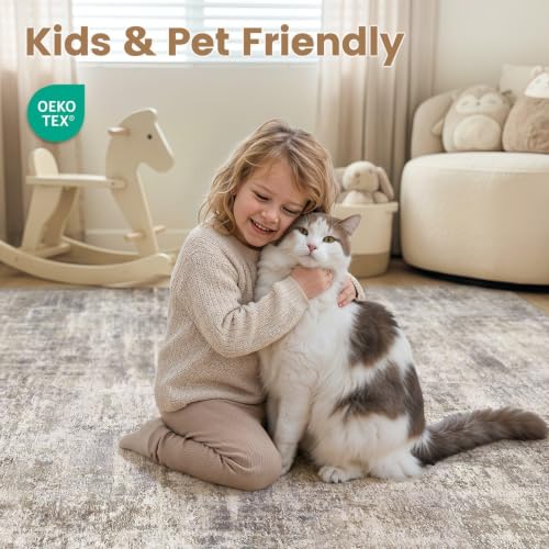 Cotiled 9x12 Area Rug for Living Room - Abstract Washable Carpet, Brown & Grey