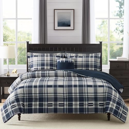 MaiRêve Navy Blue Queen Plaid Comforter Set 7 Pieces Bed in a Bag