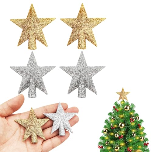 4Pcs Mini Star Christmas Tree Topper 2.36in Gold & Silver Glitter