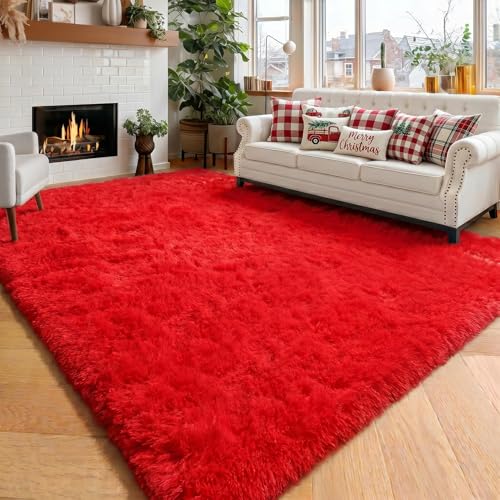 Amdrebio Red Christmas Fluffy Area Rug 6x9 ft for Living Room & Bedroom