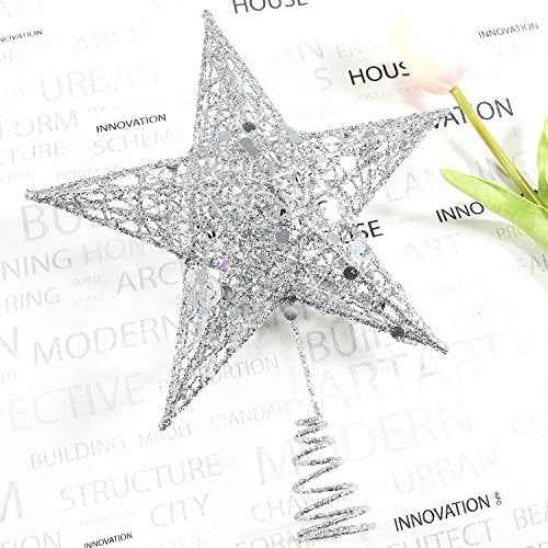 Resinta 8 Inch Metal Glittered Christmas Tree Topper Hallow Wire Star Topper for Christmas Tree Ornament (Silver)