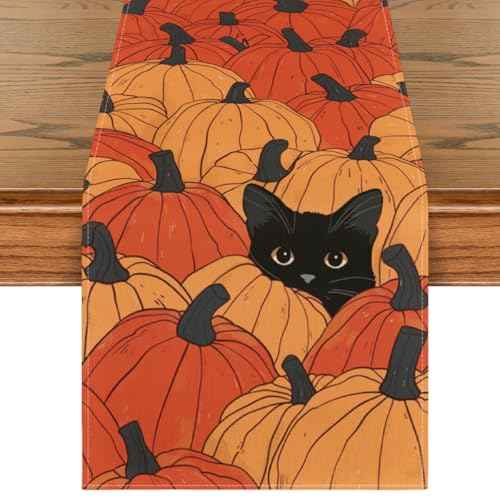 Artoid Mode Pumpkins Black Cat Fall Table Runner, Seasonal Autumn Kitchen Dining Table Decoration for Home Party Decor 13x48 Inch