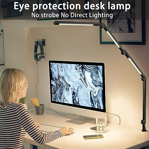 LED Desk Lamp with Clamp & Flexible Arm - 3 Light Sources, 4 Color Modes, Black - 4j3D