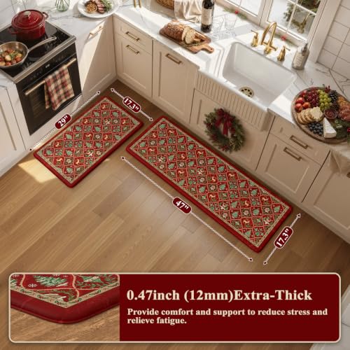 Collive Red Elk Christmas Kitchen Anti-Fatigue Mats Set 17.3 x 47" + 17.3 x 29", 0.47" Thick