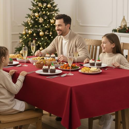Fitable 2 Pack Christmas Red Faux Linen Rectangle Tablecloths 54x78 Inch