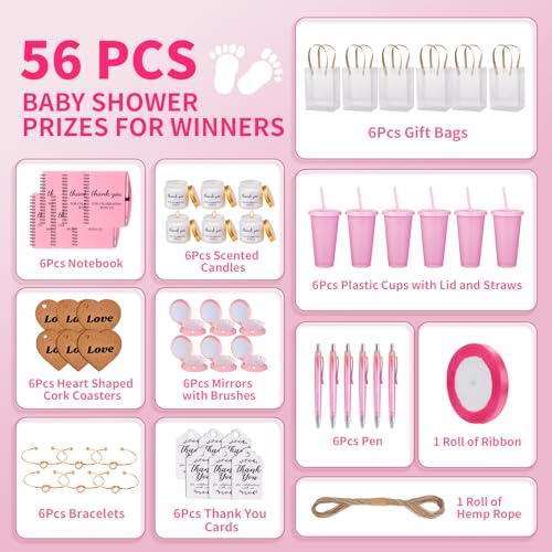 Pink Baby Shower Prizes Gift Set - 56 Pieces Including Candles, Notebooks, & Accessories
