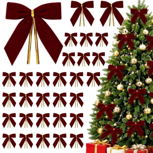 SBZYHYCJ Burgundy Velvet Christmas Bows 3.5x3.5 Inch, 30 Pack Holiday Decor