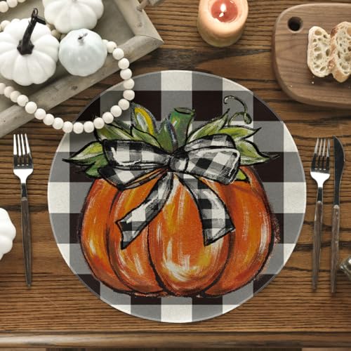 Artoid Mode Buffalo Plaid Pumpkin Round Placemats 14" Set of 4 Black/Orange