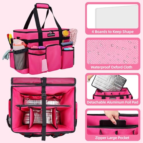 Large Rolling Cleaning Caddy Bag with Wheels & Detachable Trolley - Water Resistant Organizer for Housekeeping, Car, Kitchen, Picnic - Rose-Red