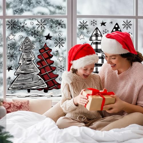 XZENTIRA 165 PCS Christmas Window Clings and Decorations - Black Red Tree Snowflakes Stickers for Home Party Supplies Glass Display - 8 Sheets