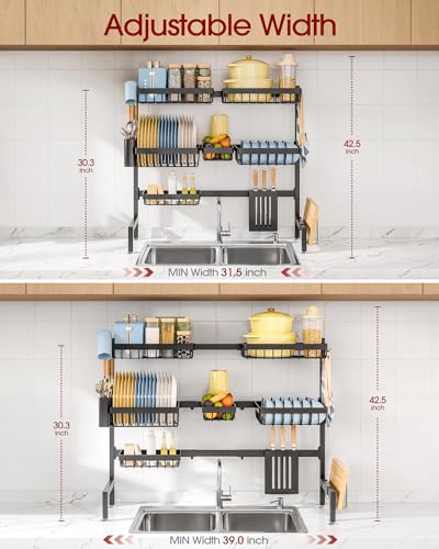 Black 3-Tier Over-The-Sink Dish Drying Rack - Adjustable Stainless Steel Kitchen Organizer