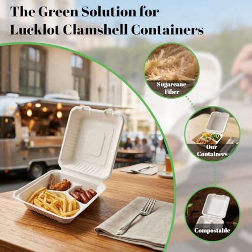Lucklot 100 Pack 8x9 Inch Compostable Bagasse Food Containers - Eco-Friendly Takeout