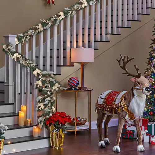 Takywep 6ft Champagne Gold Christmas Garland with Lights, Faux Pine, Decor Balls & Bows