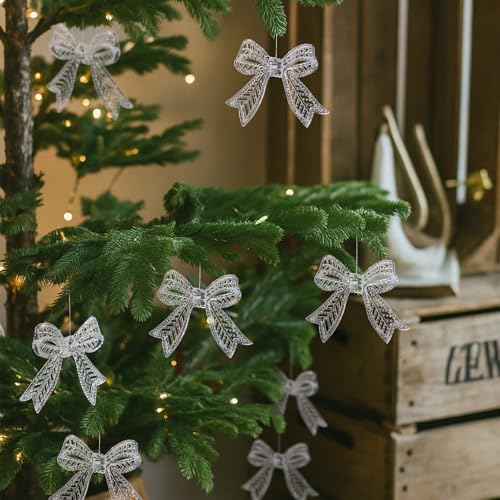 Crystal Bow Ornaments for Christmas Tree - Transparent Acrylic Holiday Decor, 18 Pack