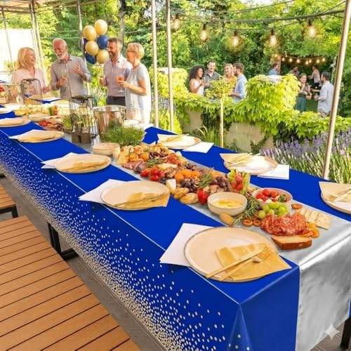 Idrese 8-Pack Tablecloths + 2 Blue Gold Satin Runners Set - 54x108in Plastic Table Cover
