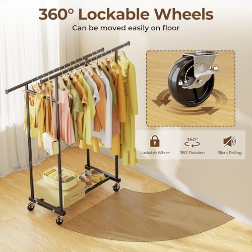 HYSEYY Double Rod Clothes Rack with Wheels, Black, 16.5"D x 44.3"W x 63"H, Portable Garment & Wardrobe Storage