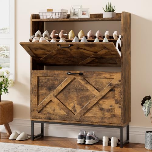 Nicetree Rustic Brown Shoe Storage Cabinet with 2 Flip Drawers, Slim Entryway Organizer