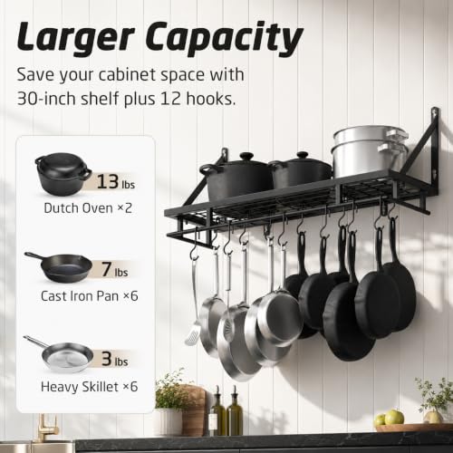 KES 30-Inch Wall Mounted Black Pot & Pan Rack Kitchen Organizer