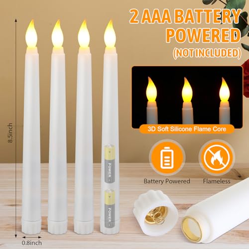 Baquler 100 Pcs 8.5 Inch White LED Flameless Taper Candles Bulk for Holiday Decor
