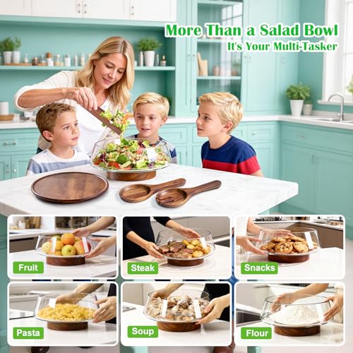 Large Glass Salad Bowl Set with Lid and Wooden Base - 5 Qt, Includes Salad Servers