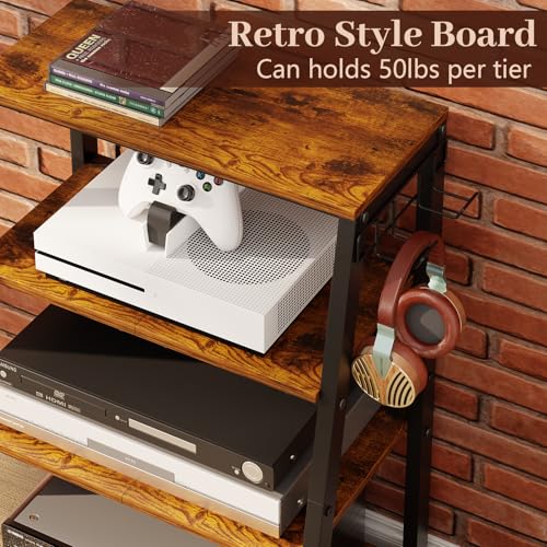 4-Tier Heavy Duty Media Stand with Hooks - Wooden Audio & Game Console Rack, Large TV & DVD Storage, Regular