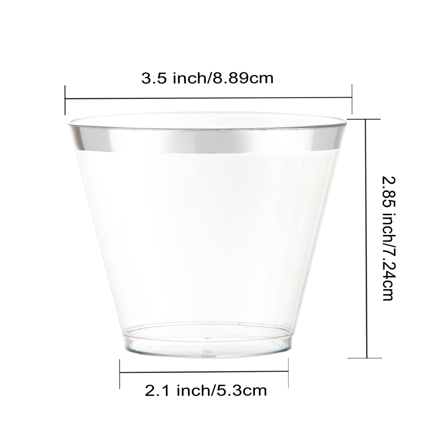 WELLIFE 200pcs Silver Cups, 9OZ Clear Plastic Cups,Plastic Wine Glasses Disposable,Cocktail Glasses for Party and Weddings