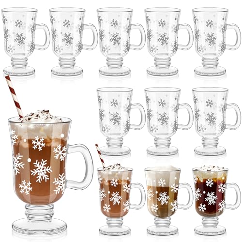 Set of 12 Snowflake Coffee Mugs 8 oz - Christmas Glass Tea & Hot Chocolate Cups