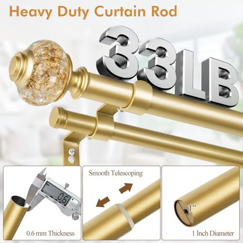 Double Curtain Rods for Windows 72-144 Inches - Gold Finials, Luxurious 1 Inch Diameter - Variation of THIS listing