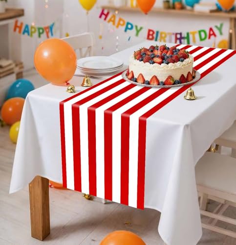 Red Striped Disposable Table Runner - Pack of 12, 14x108 Inch for Party & Wedding