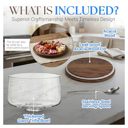 155oz Large Trifle Bowl with Lid & Silver Serving Spoon - Decorative Glass Dessert Bowl with Acacia Wood Cover