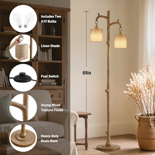 Brown Farmhouse Floor Lamp with 2 Reading Lights - Rustic Tree Trunk Style - 69 Inch Standing Lamp for Living Room & Bedroom