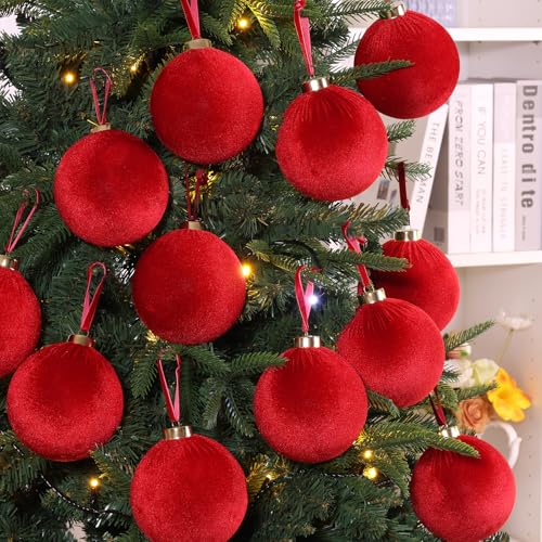 ZenNex 12-Pack Velvet Christmas Ornaments 4 Inch Red Flocked Shatterproof Holiday Decor